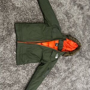 The North Face Insulated Hooded Parka - Green with Orange Lining